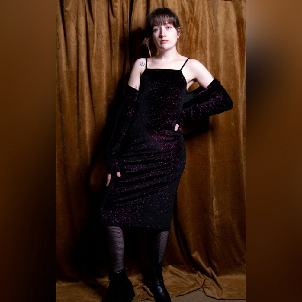 Velvet Black and Pink Glitter Slip Dress With Matching Long Sleeved Shrug